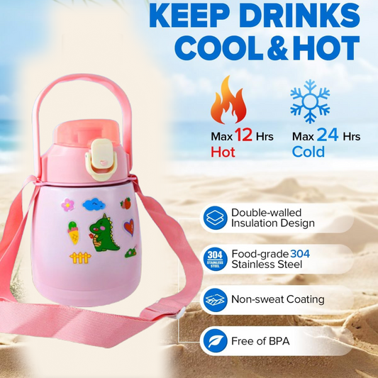 Stainless Steel Vacuum Insulated Water Bottle with Handle & Sticker (700 ML)