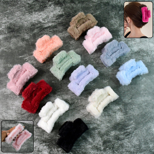 Big-Size Soft Faux Fur Hair Claw Clips (12 Pc)